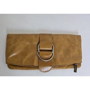 Hobo Distressed Leather Envelope Clutch Caramel Tan Zippered Flap